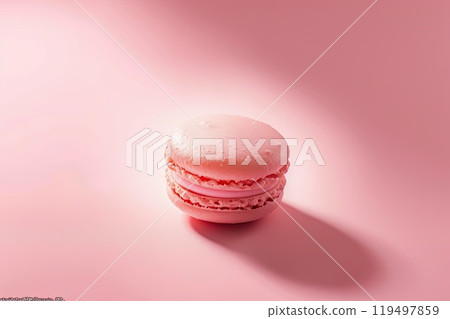 A beautifully crafted single pink macaron is sitting on a soft pink surface 119497859