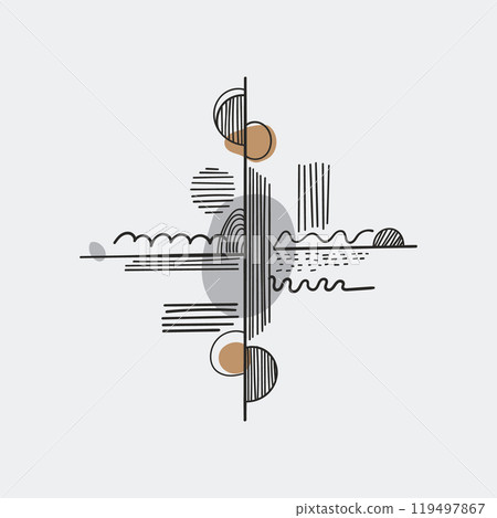 Geometric abstraction with circles and lines. Black and white abstract composition with geometric elements circles, lines and smooth transitions. 119497867