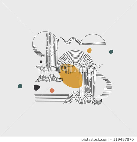 Abstraction with waves and circles. Abstract composition with smooth waves and circles in harmony of warm and cold shades. 119497870