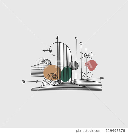 Abstraction with geometric elements and dots. A composition of circles, lines and dots, creating an abstract landscape with an emphasis on geometry. Abstraction with geometric elements and dots. A composition of circles, lines and dots, creating an abstract landscape with an emphasis on geometry. 119497876
