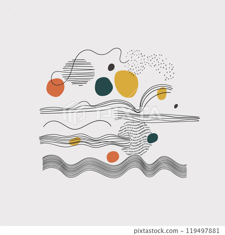 Abstraction with waves and circles. Abstract composition with smooth waves and circles in harmony of warm and cold shades. 119497881