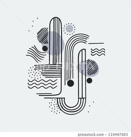 Geometric abstraction with circles and lines. Black and white abstraction with geometric lines and circles, creating a harmonious composition. 119497883