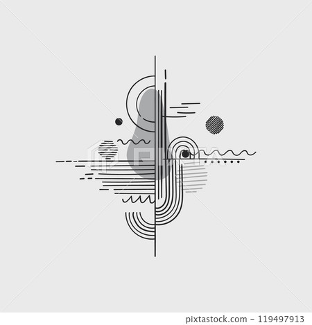 Vertical abstraction with lines and circles. Black and white abstract composition with an emphasis on vertical lines and circles. Vertical abstraction with lines and circles. Black and white abstract composition with an emphasis on vertical lines and circles. 119497913