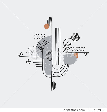 Geometric abstraction with circles and lines. Black and white abstract composition with geometric elements circles, lines and smooth transitions. Geometric abstraction with circles and lines. Black and white abstract composition with geometric elements circles, lines and smooth transitions. 119497915