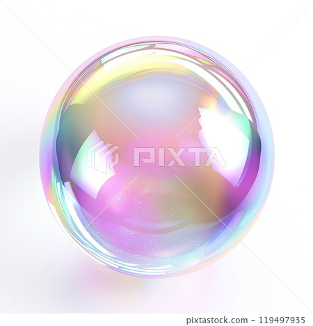 A vivid rainbowcolored soap bubble on a plain white background 119497935