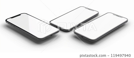 Three whitescreened phones are next to each other on a white surface 119497940