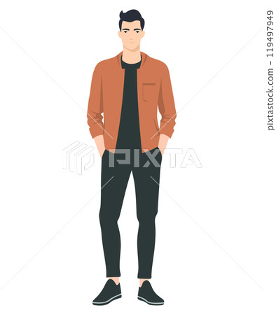 Vector illustration of a man in an orange jacket. Simple yet stylish combination suitable for a casual urban look. Vector illustration of a man in an orange jacket. Simple yet stylish combination suitable for a casual urban look. 119497949