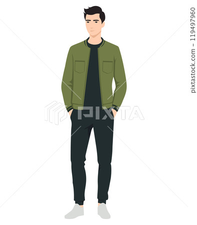 Vector illustration of a man in a green jacket. Simple yet stylish combination suitable for a casual urban look. 119497960