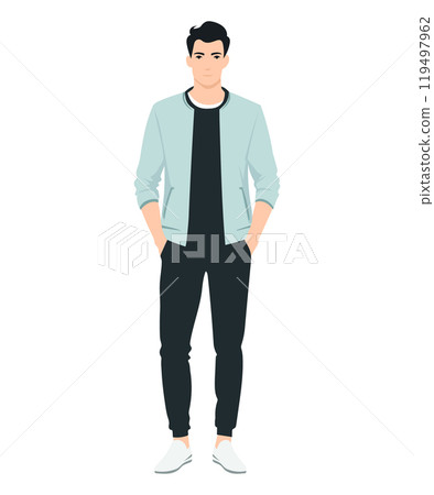 Vector illustration of a man in a blue jacket. Simple yet stylish combination suitable for everyday urban look. Vector illustration of a man in a blue jacket. Simple yet stylish combination suitable for everyday urban look. 119497962