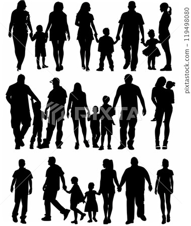 Silhouettes of a family holding hands on a white background 119498080
