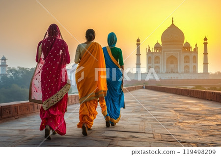 Indian women in colorful sari and temple Indian women in colorful sari and temple 119498209