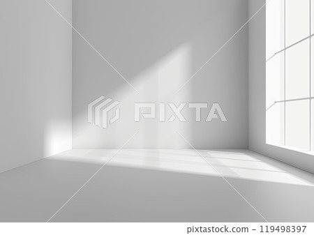 A bright white room featuring a window and a distinct shadow on the floor 119498397