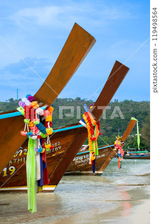 Longtail at beach of Koh Phi Phi Don. 119498564