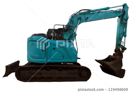 Blue excavator working on construction site during daylight, preparing ground for foundation and excavation tasks 119498609