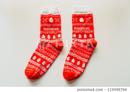 Christmas patterned socks on white background mockup Christmas patterned socks on white background mockup 119498766