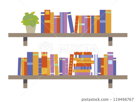 Wall-mounted bookshelf with books and potted plants 119498767
