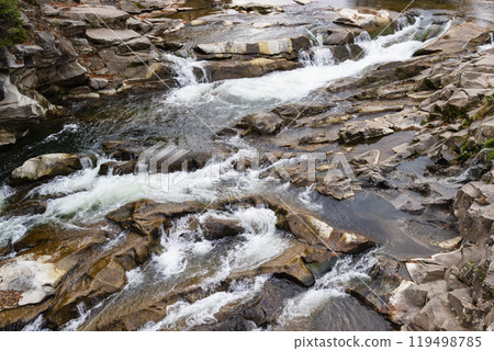 Mountain river with stones. Rafting river in forest. Splashy fast river texture. Natural water background 119498785