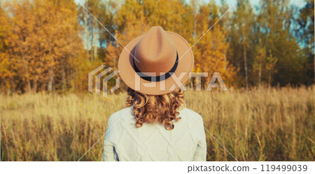 Beautiful woman in hat enjoying warm weather in autumn park with yellow leaves, nature background Beautiful woman in hat enjoying warm weather in autumn park with yellow leaves, nature background 119499039