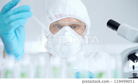 Professional scientist in protective gear is using pipette and examining a test tube in a laboratory setting 119499051