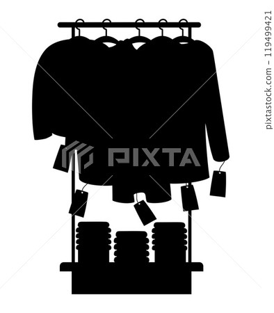 Shopping, sale. Store Shop rack with clothes on hangers with price tag. Silhouette drawing. Vector illustration. Concept Season purchase, Christmas and New Year gifts. Black Friday. 119499421