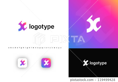 Sporty futuristic angular logo. Sharp geometric dynamic edges letter x. Minimalist innovative emblem for tech, game app, music, sport, design agency, digital space identity. Vector illustration 119499428
