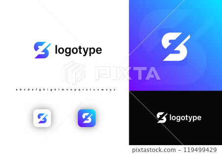Sporty futuristic angular logo. Sharp geometric dynamic edges letter s. Minimalist innovative emblem for tech, game app, music, sport, design agency, digital space identity. Vector illustration 119499429