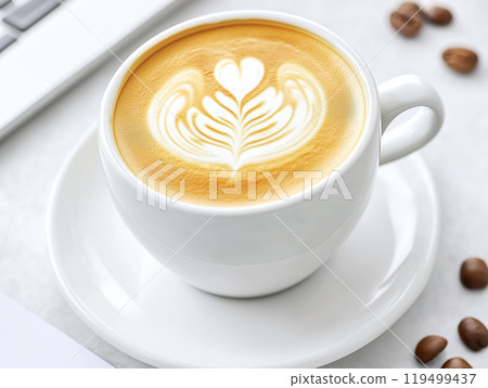 A white cup of coffee with beautiful latte art on a white saucer A white cup of coffee with beautiful latte art on a white saucer 119499437