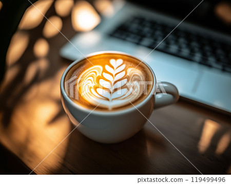 A cup of coffee next to a notebook and laptop on a minimalist desk A cup of coffee next to a notebook and laptop on a minimalist desk 119499496