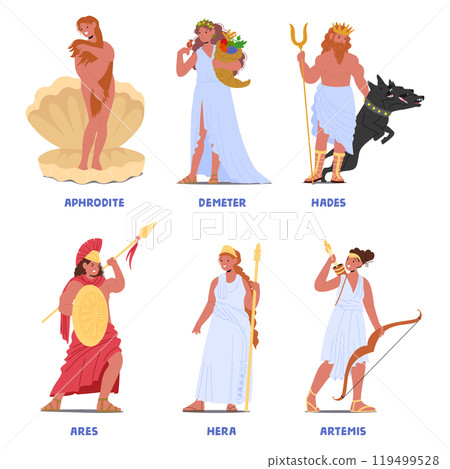 Ancient Greek Deities Including Aphrodite, Demeter, Hades, Ares, Hera and Artemis, Depicted With Attributes 119499528