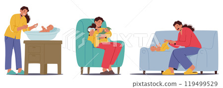 Mother Character Engaged In Daily Activities With Her Newborn Baby, Featuring Bathing, Feeding, And Playtime 119499529