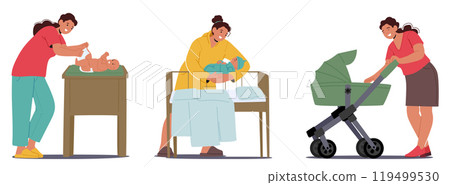 Caring Mother Character Engages In Various Activities To Ensure Her Newborn Comfort, Highlighting Love, Affection 119499530