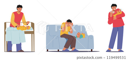 Father Character Demonstrates Loving Care For Newborn Through Changing Diapers, Soothing On Couch And Cradling Father Character Demonstrates Loving Care For Newborn Through Changing Diapers, Soothing On Couch And Cradling 119499531