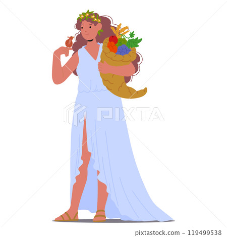Cartoon Illustration Of Demeter Greek Goddess Dressed In Flowing White Gown Holding Cornucopia Filled With Fruits 119499538