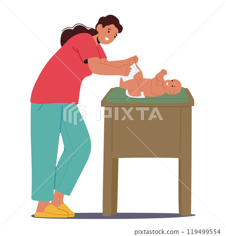 Mother Character Is Carefully Changing Her Newborn Baby Diaper On A Safe Changing Table In Bright Room 119499554
