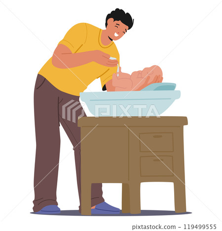 Smiling Father Character Gently Bathing His Newborn Baby In A Basin At Home, Showcasing Precious Parenting Smiling Father Character Gently Bathing His Newborn Baby In A Basin At Home, Showcasing Precious Parenting 119499555