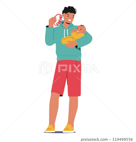 Joyful Cartoon Father Character Tenderly Holds His Newborn While Engaging With A Colorful Rattle Joyful Cartoon Father Character Tenderly Holds His Newborn While Engaging With A Colorful Rattle 119499556