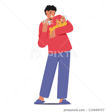 Smiling Character Father Holds His Newborn With Love And Care In His Arms Creating A Heartwarming And Tender Moment 119499557