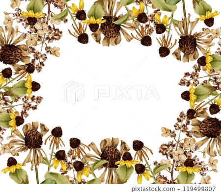 Autumn yellow and green leaves branch, dried flowers frame on white. Fall watercolor illustration for Thanksgiving, Harvest Festival, Halloween party decoration. 119499807