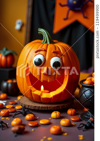Cheerful carved pumpkin with a smiling face surrounded by Halloween decorations and candy Cheerful carved pumpkin with a smiling face surrounded by Halloween decorations and candy 119499900