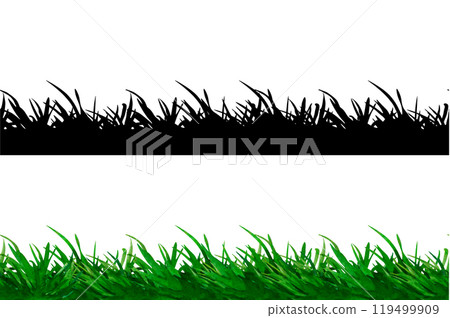 Vector Seamless border with lawn green grass. Illustration of black silhouette of grass. Summer grassy meadow element for design, nature landscape. Spring herb. Organic, bio, eco label and shape Vector Seamless border with lawn green grass. Illustration of black silhouette of grass. Summer grassy meadow element for design, nature landscape. Spring herb. Organic, bio, eco label and shape 119499909