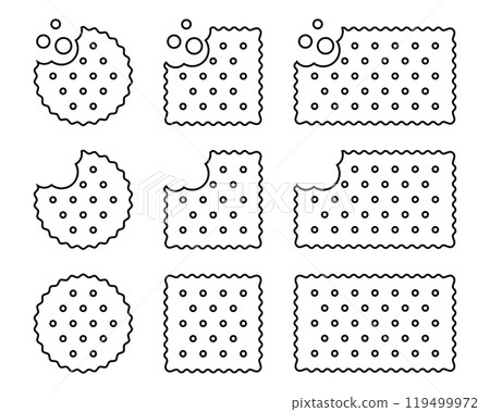 Set of whole and bitten cracker icons. Sweet or salty biscuit cookies in round, square and rectangle shapes. Crunchy snacks or chips isolated on white background. Vector graphic illustration Set of whole and bitten cracker icons. Sweet or salty biscuit cookies in round, square and rectangle shapes. Crunchy snacks or chips isolated on white background. Vector graphic illustration 119499972
