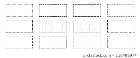 Set of rectangle shapes with dashed lines. Dotted geometric figures isolated on white background. Cut here pictograms for paper coupons or sale tags. Vector outline illustration Set of rectangle shapes with dashed lines. Dotted geometric figures isolated on white background. Cut here pictograms for paper coupons or sale tags. Vector outline illustration 119499974