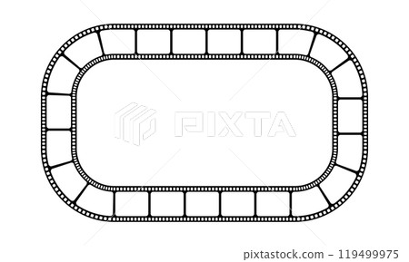 Rectangular frame with film strip as a border. Movie or photo camera tape in elliptic shape. Storyboard layout. Photographies collage template. Vector graphic illustration 119499975