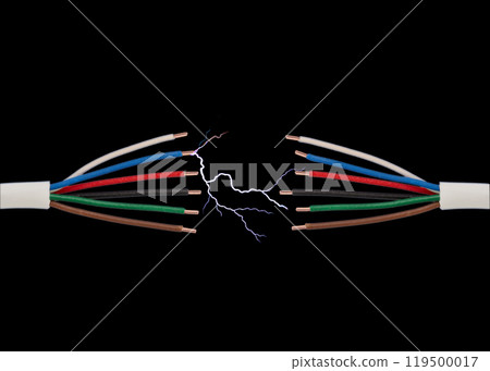 Electrical wires with colorful insulation sparking on black background 119500017
