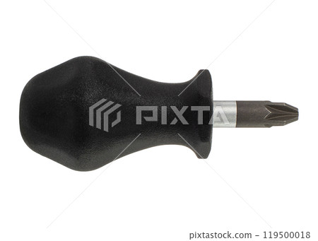 Black handle screwdriver isolated side view on white 119500018