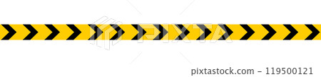 Caution tape with black and yellow chevron print. Warning border print for barricade or banner in construction work zone, quarantine area or crime scene. Vector flat illustration 119500121