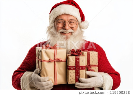 Santa claus is holding wrapped christmas presents while smiling 119500258