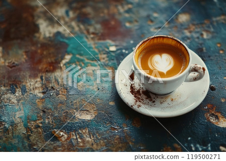 Cup of cappuccino with latte art on grunge table background 119500271