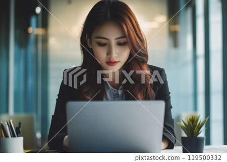Asian businesswoman working on laptop in office 119500332