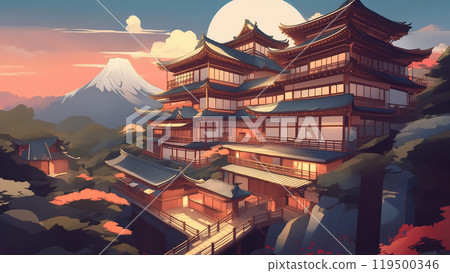 建在山上的大型日式旅館的插圖 119500346